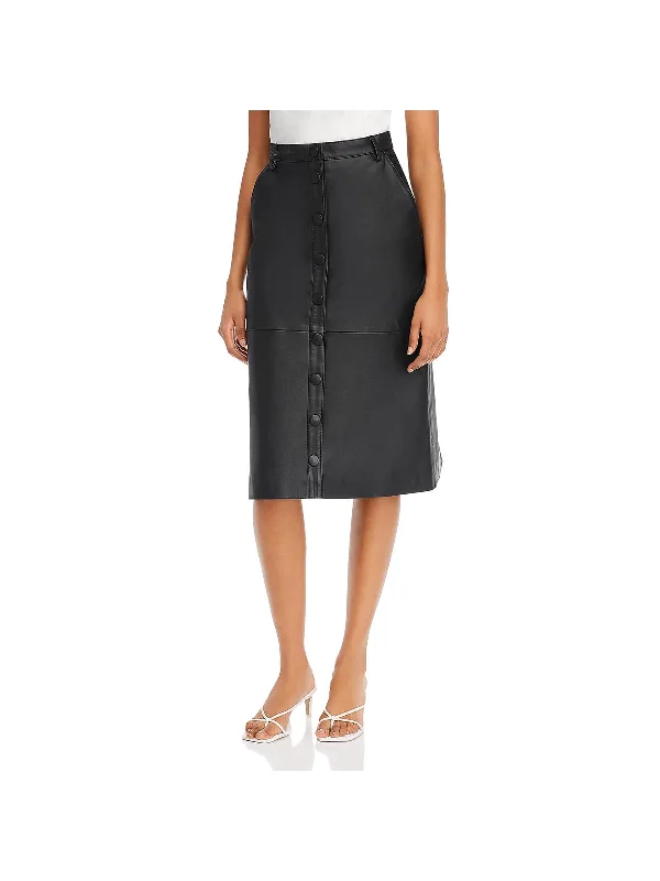 Bellis Womens Leather Front Snap A-Line Skirt