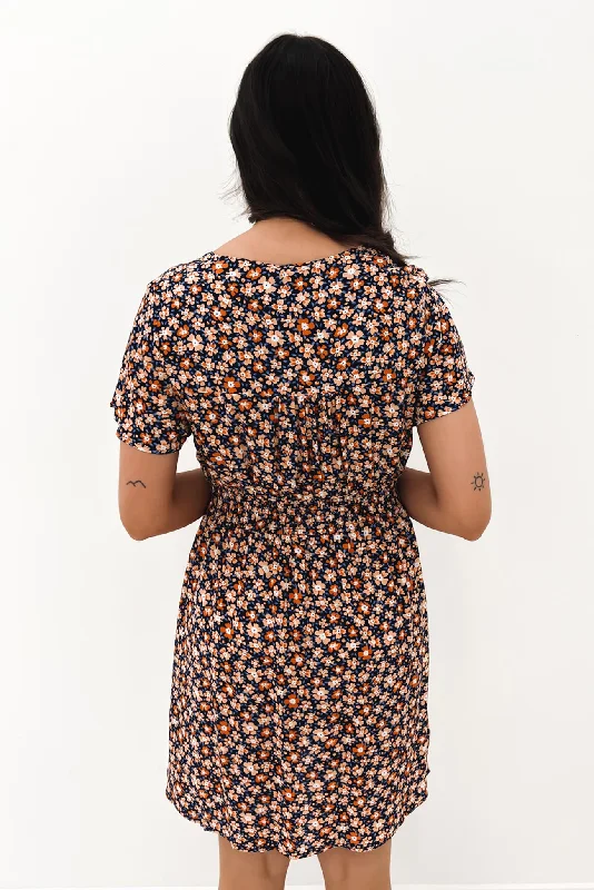 Bertie Mini Dress Orange Navy Floral