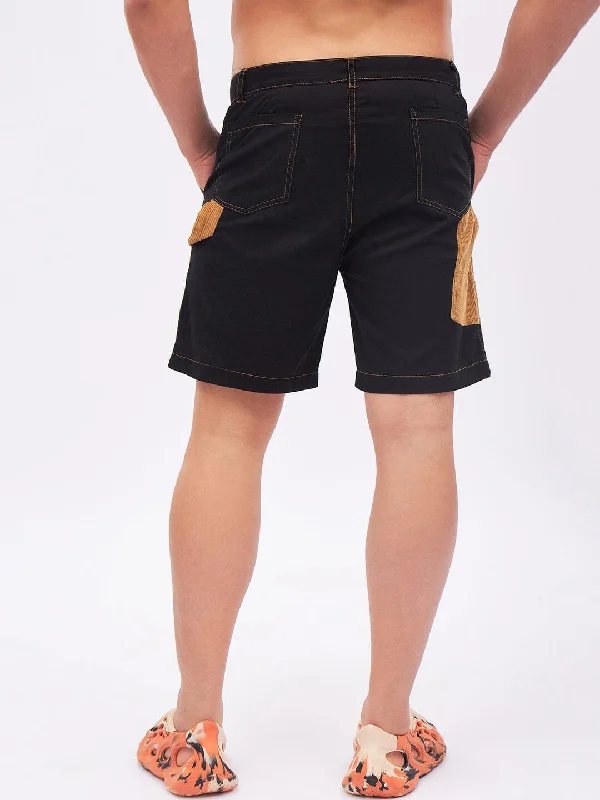 Black Corduroy Panel Carpenter Shorts