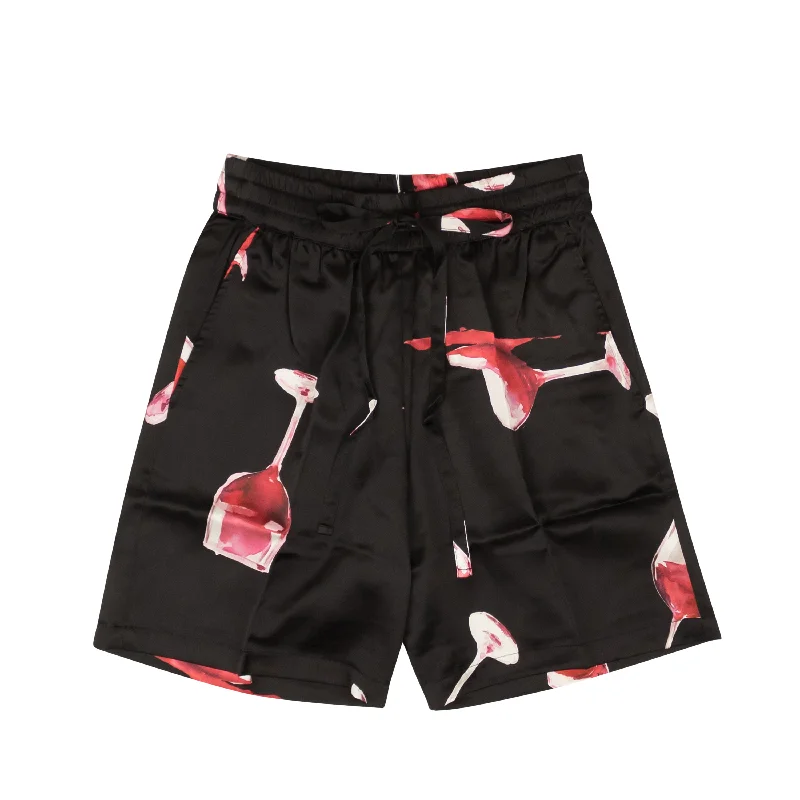 Black Wine Glass Spill Design Silk Shorts