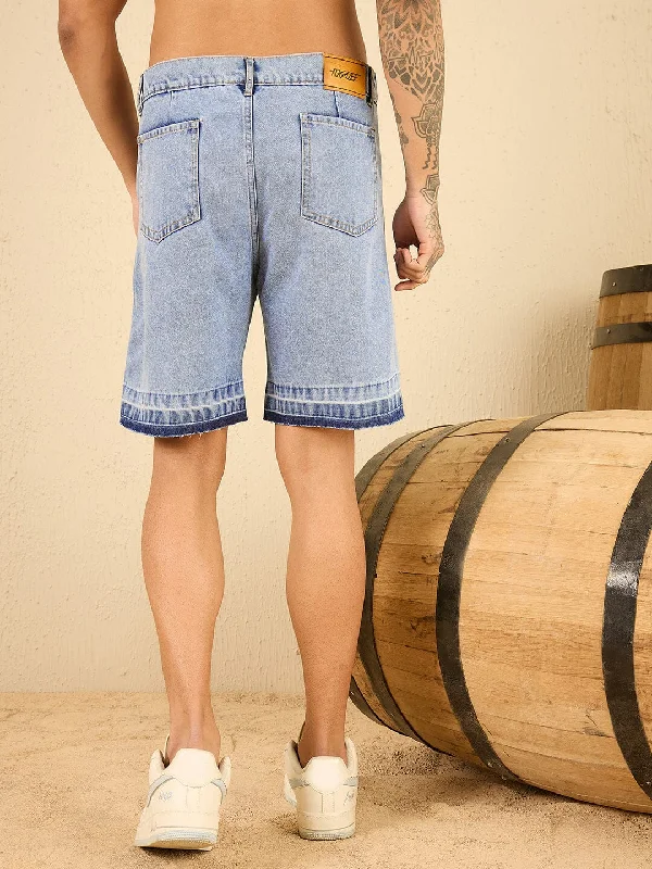 Blue Washed Raw Edge Hem Denim Shorts