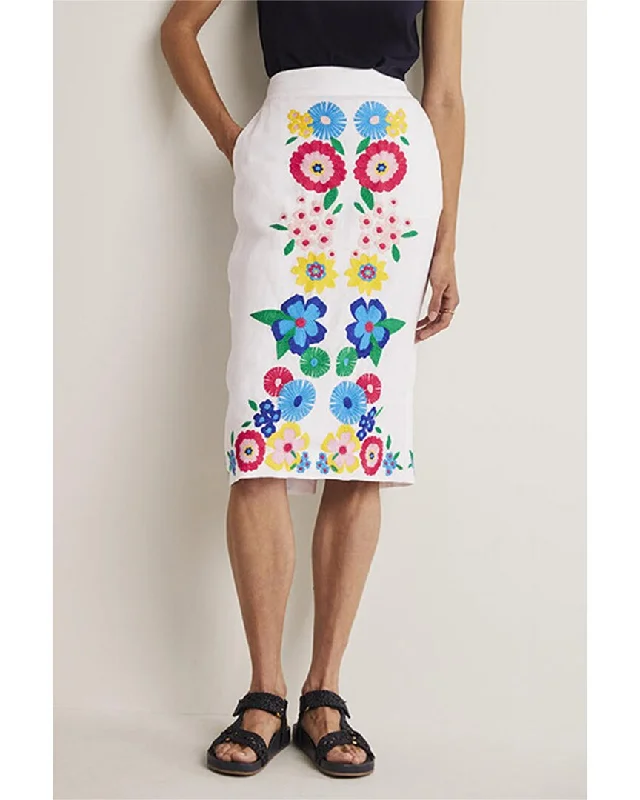 Boden Embroidered Linen Pencil Skirt