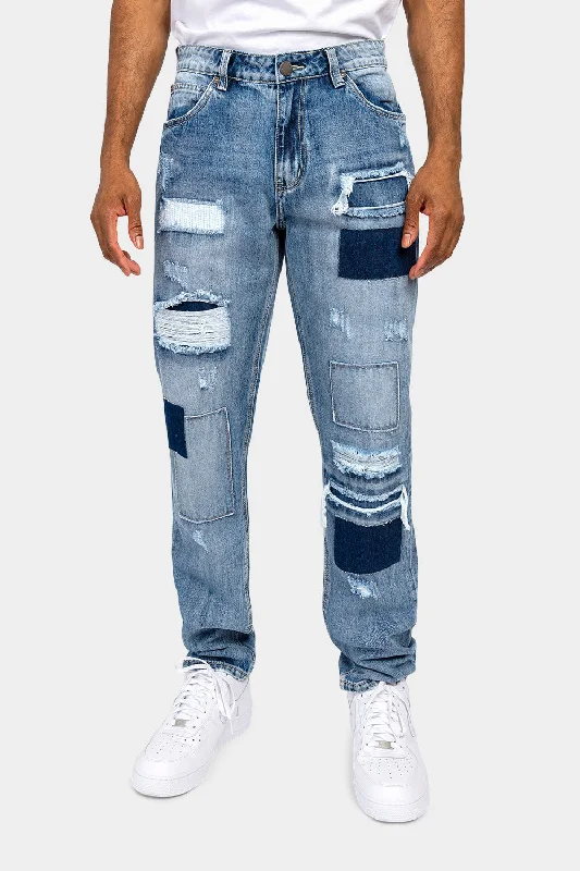 Distressed Cut and Repair Patchwork Denim Jeans