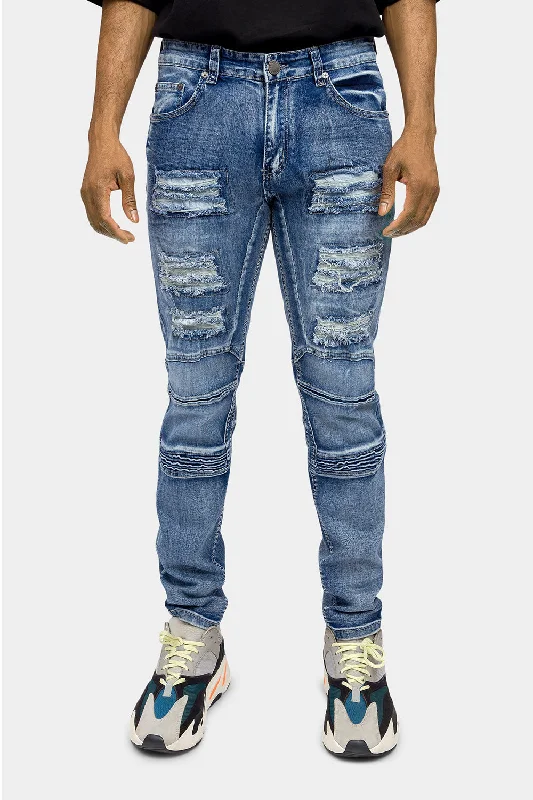 Distressed Moto Biker Denim Jeans