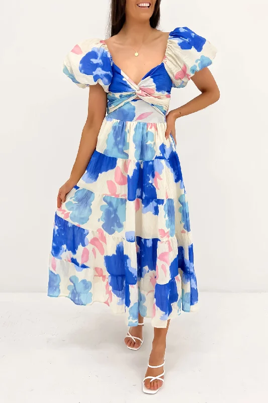 Harriette Midi Dress Blue Pink Floral