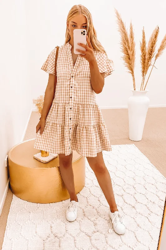 Huxley Mini Dress Beige Gingham