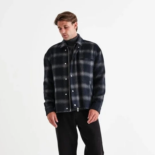 Hybrid Bomber Jacket Heavy Wool Check (Navy)