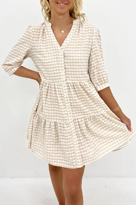 Mallory Mini Dress Latte Gingham