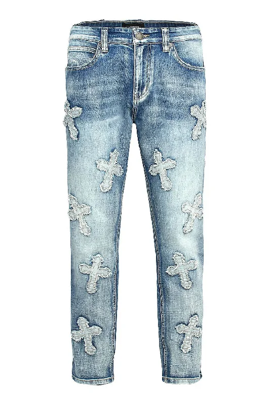 Men's Denim Cross Patched Washed Denim Jeans