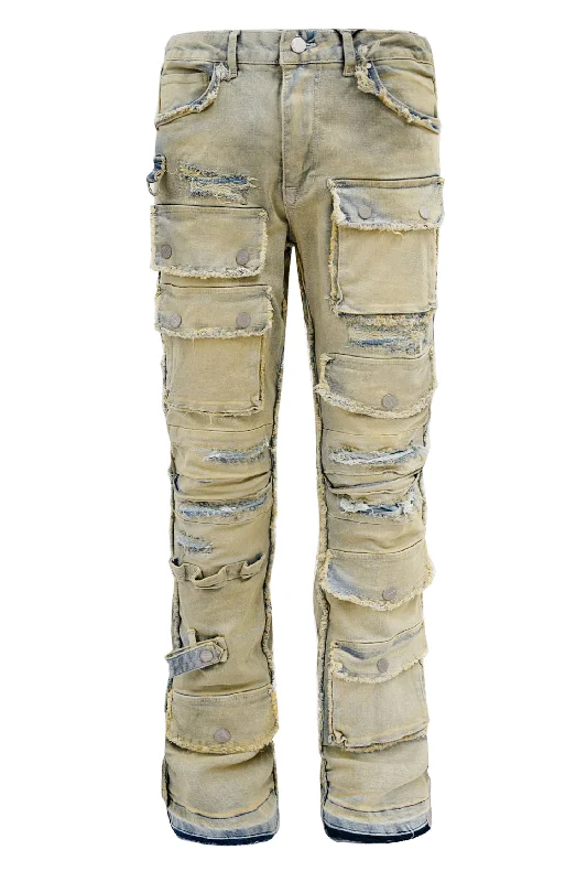 Men's Distressed Edge Cut Slim Stack Flared Cargo Jeans