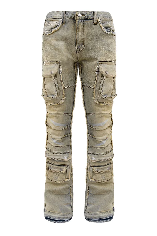 Men's Stone Washed Distressed Cargo Stacked Flared Jeans