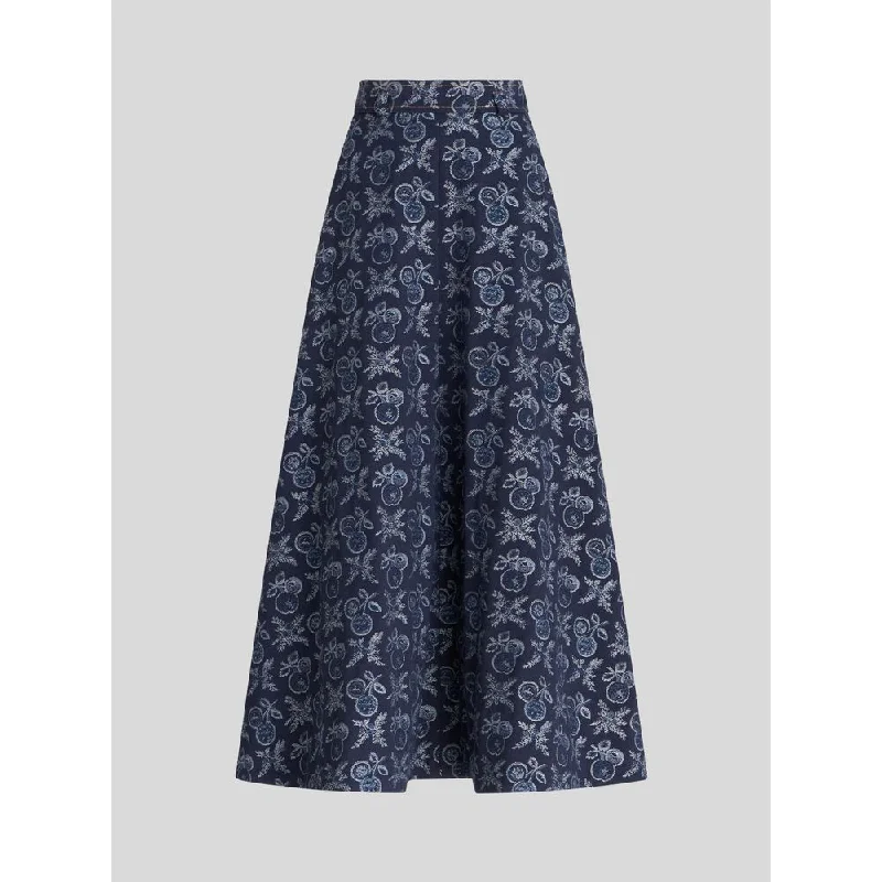 Midi Denim Jacquard Skirt With Apples