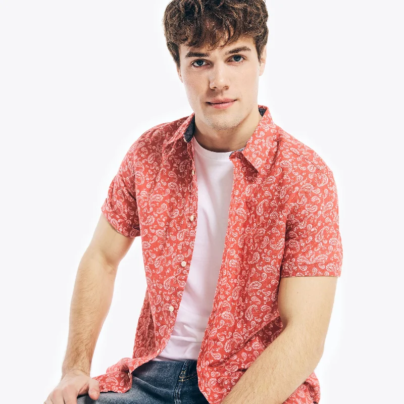 Nautica Mens Paisley Print Linen Short-Sleeve Shirt