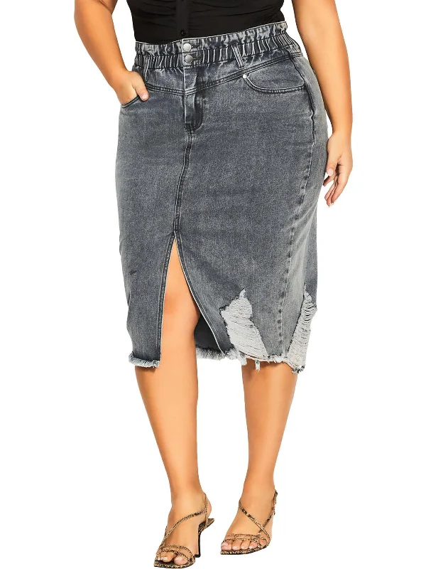 Plus Womens Pencil Mid-Calf Denim Skirt