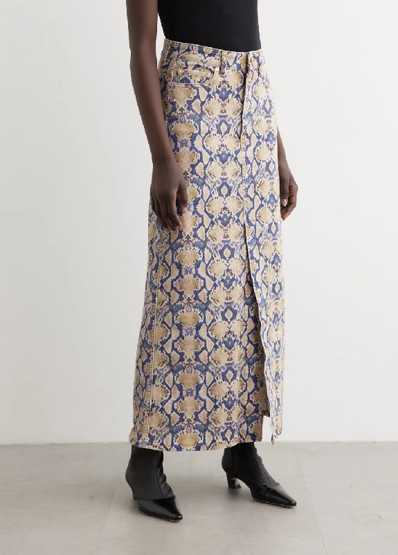 Print Denim Maxi Slit Skirt