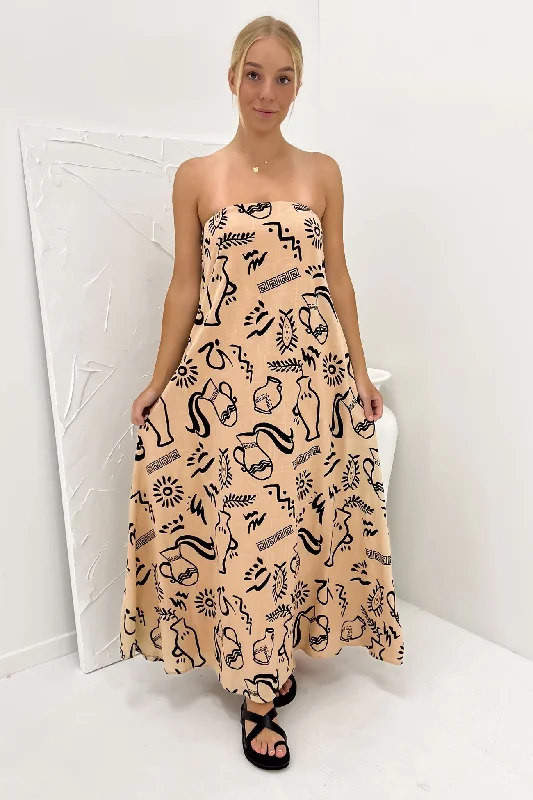 Sloane Maxi Dress Tan Black Aztec Vase