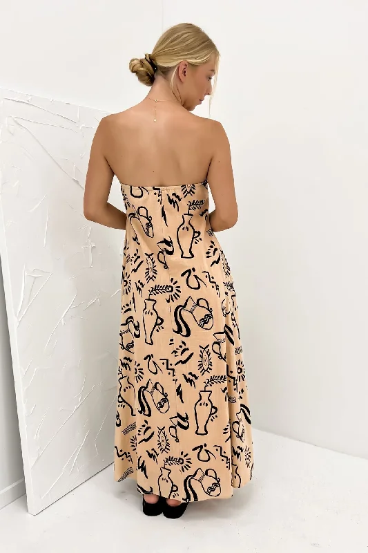 Sloane Maxi Dress Tan Black Aztec Vase