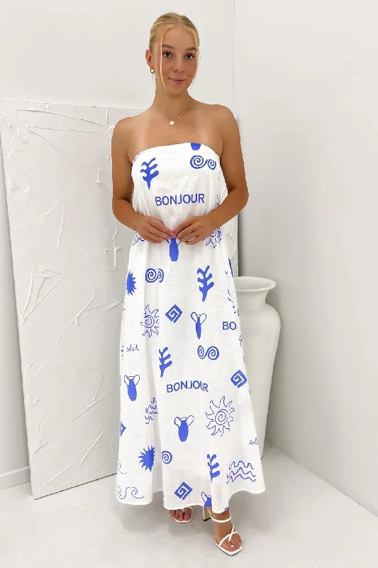 Sloane Maxi Dress White Blue Bonjour