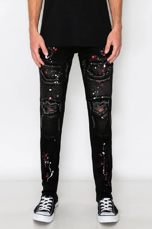 Stacked Paint Splatter Biker Jeans