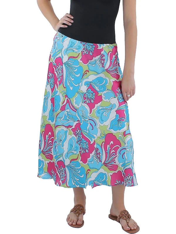 Womens Flared Satin Midi Skirt