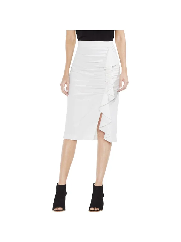 Womens Ruffled Below Knee Pencil Skirt