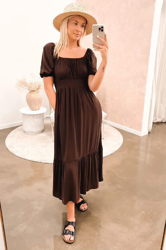 Yasmin Frill Hem Midi Dress Chocolate