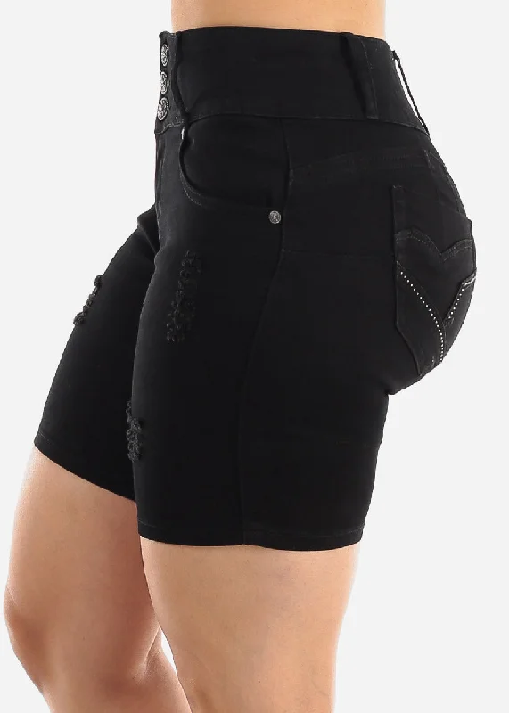 black-distressed-butt-lift-mid-thigh-denim-shorts-tb1953blk