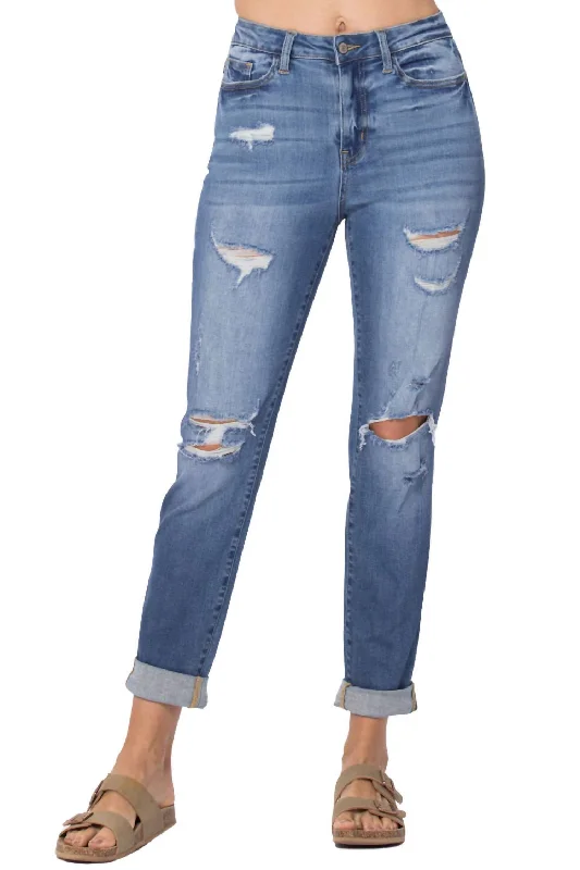 Cuffed Distressed Boyfriend Jean In Medium Wash