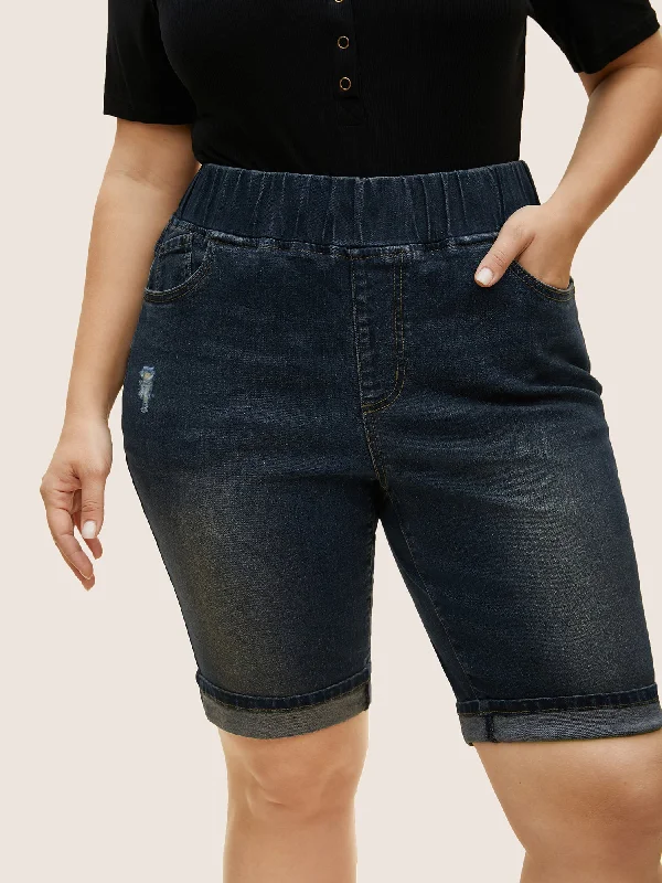 Dark Wash Distressed Roll Hem Denim Shorts