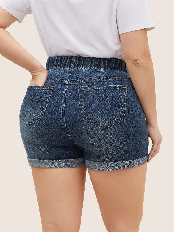 dark-wash-elastic-waist-roll-hem-denim-shorts