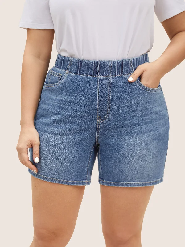 dark-wash-elastic-waist-roll-hem-denim-shorts