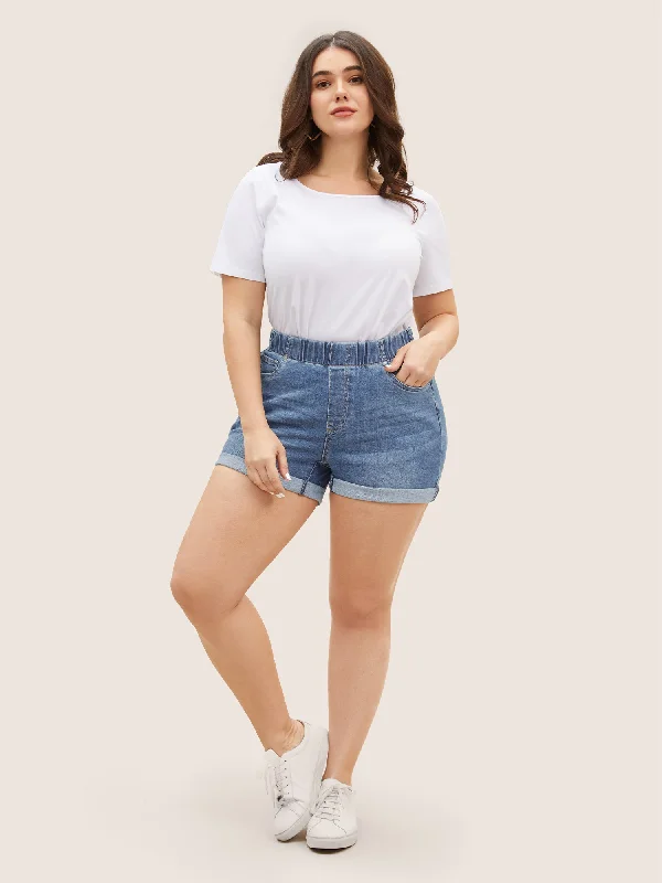 dark-wash-elastic-waist-roll-hem-denim-shorts