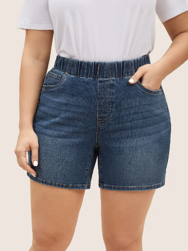 dark-wash-elastic-waist-roll-hem-denim-shorts