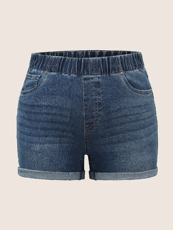 dark-wash-elastic-waist-roll-hem-denim-shorts