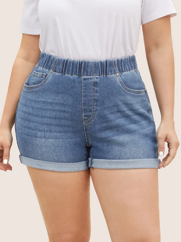 dark-wash-elastic-waist-roll-hem-denim-shorts