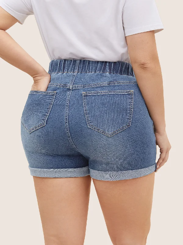 dark-wash-elastic-waist-roll-hem-denim-shorts