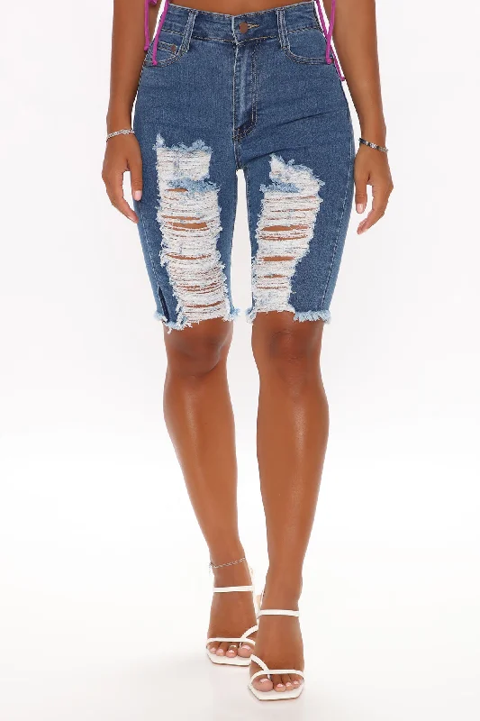 Distressed About It Denim Knee Shorts - Medium Blue Wash