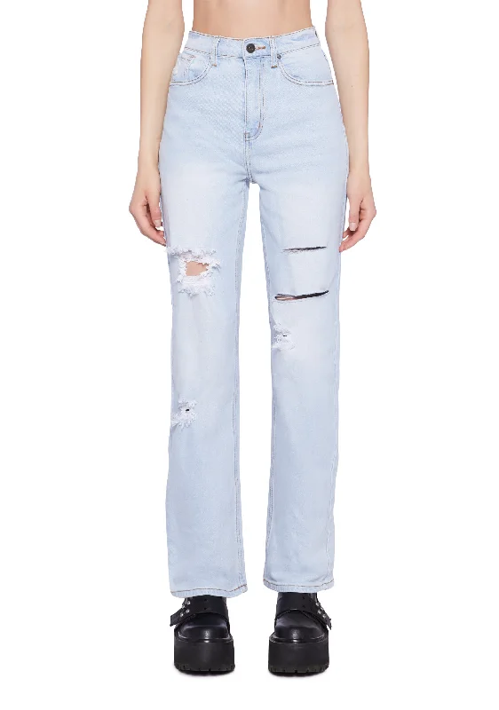 Distressed High Rise Straight Denim Jeans -  Light Blue