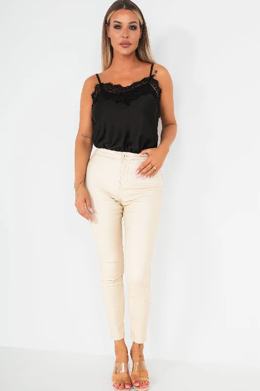 Lianna Cream High Waist Faux Leather Jeans