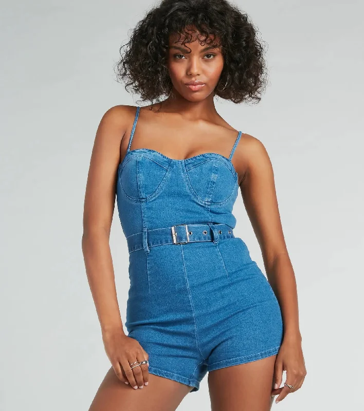 Little Miss Perfect Sweetheart Belted Denim Romper