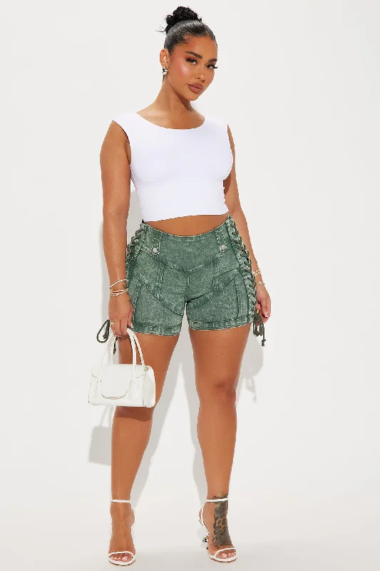 most-likely-lace-up-stretch-denim-shorts-green