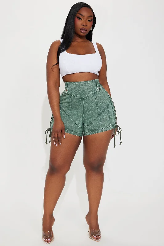 most-likely-lace-up-stretch-denim-shorts-green