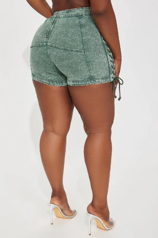 most-likely-lace-up-stretch-denim-shorts-green