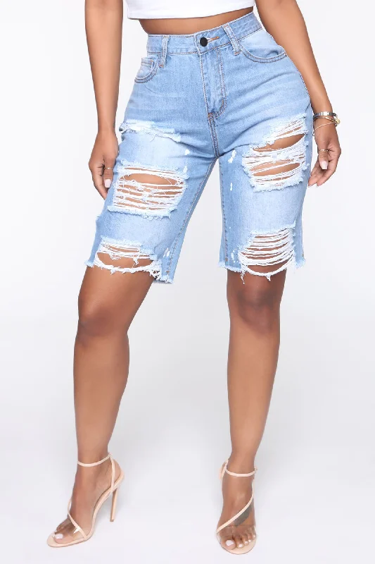 Victory Is Mine Denim Long Line Shorts - Light Blue Wash